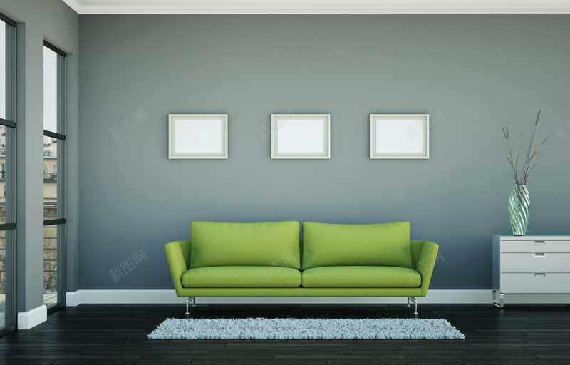 室内装饰简洁沙发jpg设计背景_新图网 https://ixintu.com 创意沙发 地板 墙面 室内 布艺 灰色 相框 绿色 装饰 靠背