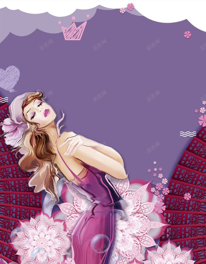 紫色手绘38妇女节创意海报psd设计背景_新图网 https://ixintu.com 三八节 国际 女王节 妇女 妇女节 手绘女人 紫色 花卉