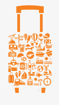 橙色旅行邮票各种图标组成的行李箱高清图片