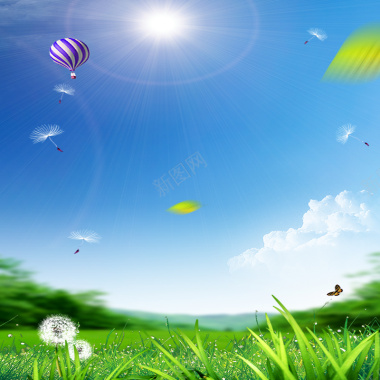 自然热气球蓝天白云清新绿色生机主图背景
