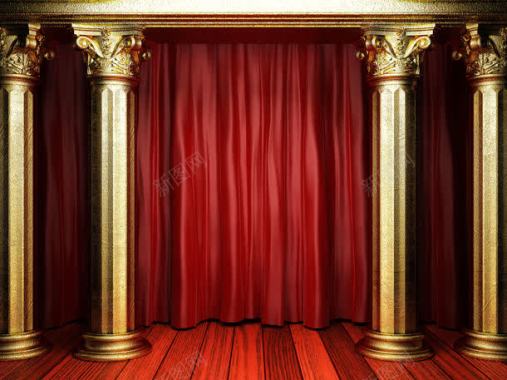 舞台上的圆形柱子和红色幕布背景