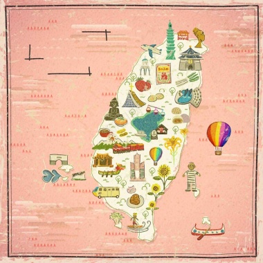 手绘矢量旅游台湾景点地图热气球海报背景背景
