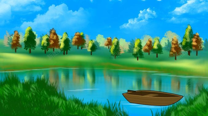 绿色景观群漂亮的湖泊景观绘画背景背景