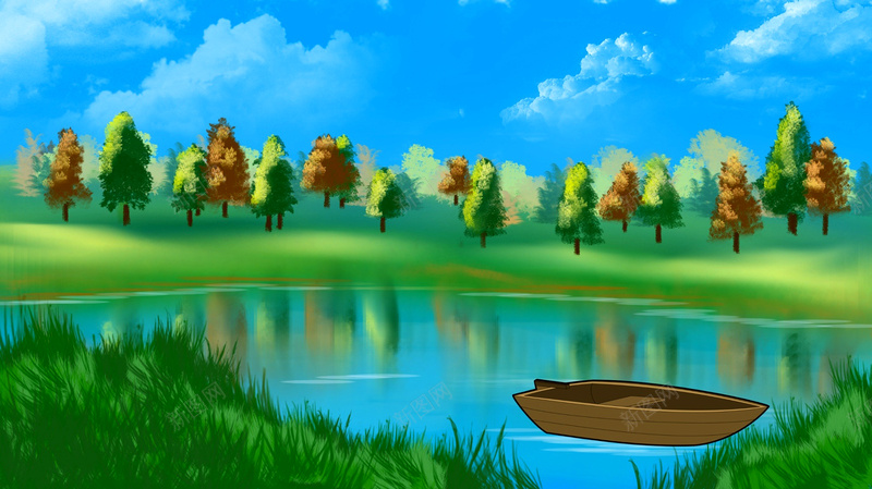 漂亮的湖泊景观绘画背景jpg设计背景_新图网 https://ixintu.com 卡通 图稿 夏天 天空 岛 手绘 数字艺术 旅行 景观 水 河 湖 童趣 绿色 美丽 自然 船 蓝色