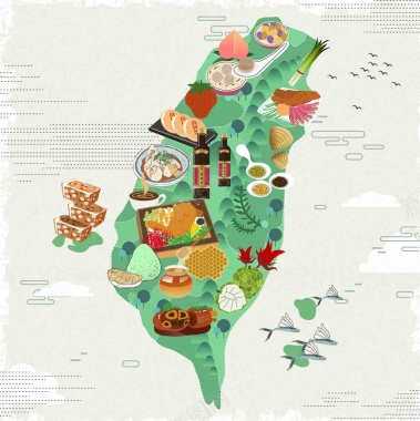 手绘矢量旅游台湾景点美食地图海报背景背景