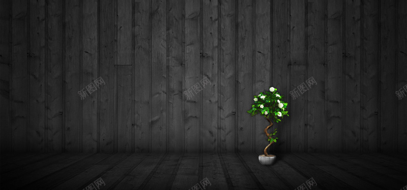 黑色立体木纹墙面地板地面绿植背景