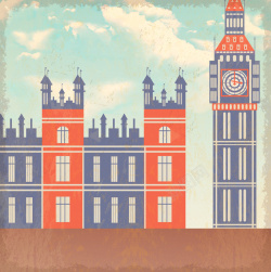 时钟大楼卡通英伦风手绘彩色卡片矢量背景高清图片
