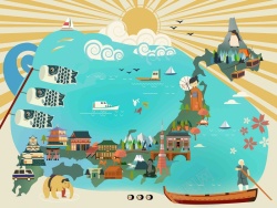 简笔画鲤鱼旗手绘矢量旅游日本景点北海道鲤鱼旗海报背高清图片