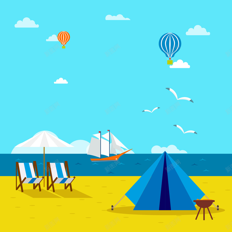 沙滩海滩矢量图ai设计背景_新图网 https://ixintu.com 卡通 夏天 大海 天空 手绘 沙滩 海滩 童趣 矢量图