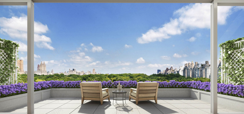 阳台背景图jpg_新图网 https://ixintu.com 场景 天空 摄影 椅子 植物 海报banner 紫色 蓝色 风景