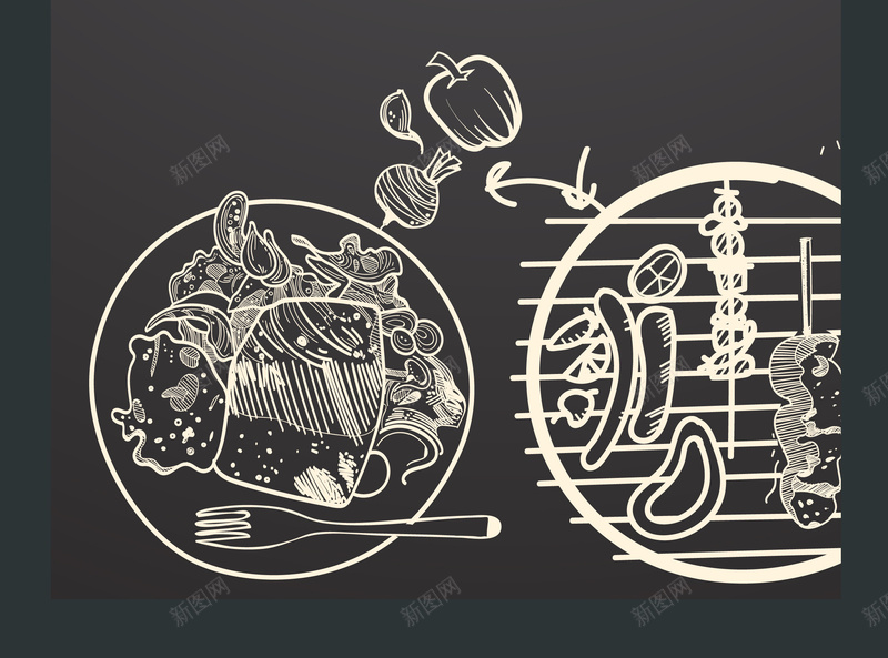 手绘烧烤餐厅菜单海报背景矢量图ai_新图网 https://ixintu.com 咖啡厅菜单 欧式菜单 矢量 菜单 菜单设计 西餐厅 西餐厅菜单 设计素材 饭馆 矢量图