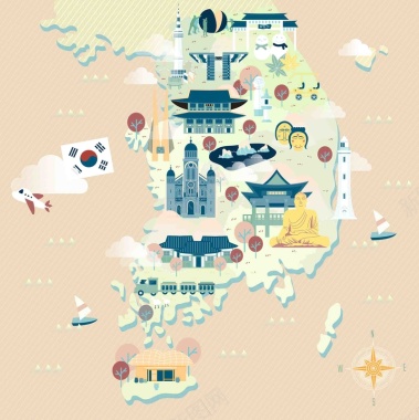 手绘矢量旅游韩国青瓦台景点地图海报背景背景