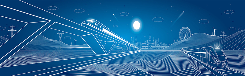 蓝色卡通手绘科技城市高铁banner矢量图背景
