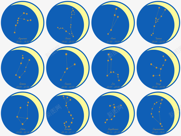 不同星座的星星图形矢量图ai免抠素材_新图网 https://ixintu.com 星座 星座PNG 星座图形 月亮 矢量星座 蓝色星空 矢量图