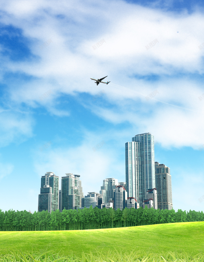 城市建筑印刷背景psd_新图网 https://ixintu.com 城市 建筑印刷背景 摄影 绿色 草地 风景 飞机