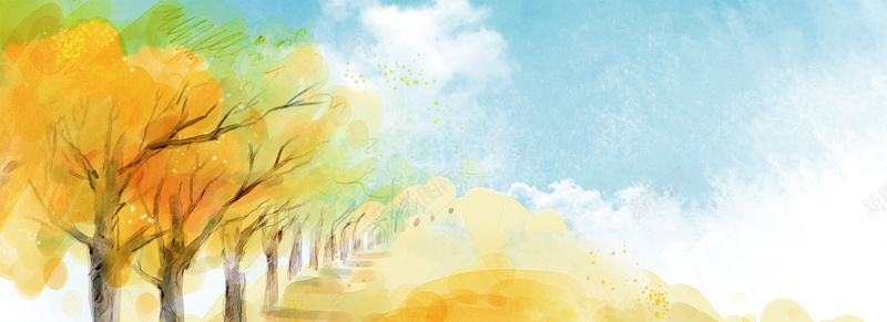 绿树黄树林小清新手绘蓝天背景背景