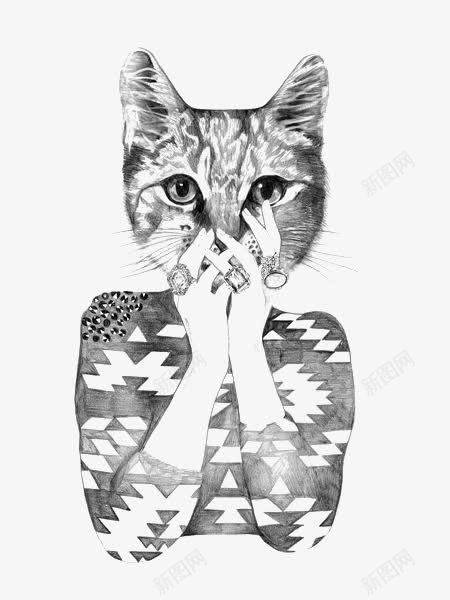 手绘猫小姐png免抠素材_新图网 https://ixintu.com 卡通 手绘 拟人 插画 猫咪 针织衫 面具