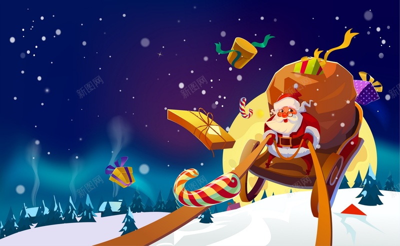 圣诞老人背景矢量图ai设计背景_新图网 https://ixintu.com AI 卡通风格 圣诞礼物 圣诞老人 圣诞节 平面 广告 月亮 模板 海报 海报背景 矢量 礼物 积雪 素材 背景 蓝色背景 造型 雪橇 雪花 矢量图