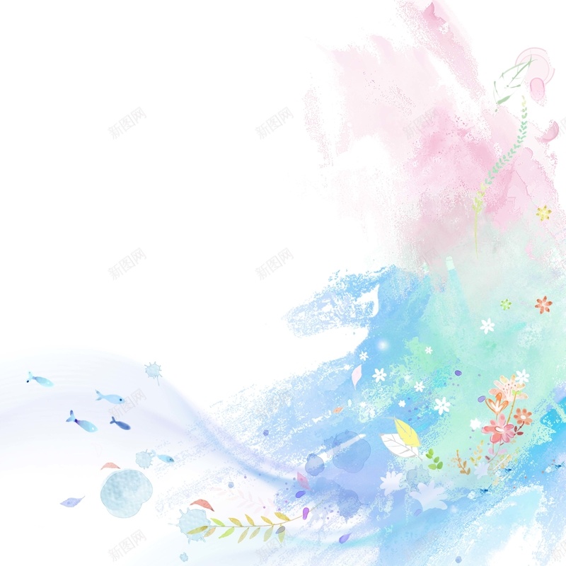 彩色泼墨小鱼儿海报背景psd设计背景_新图网 https://ixintu.com 小鱼儿 幸福 彩色 粉色 花朵 蓝色