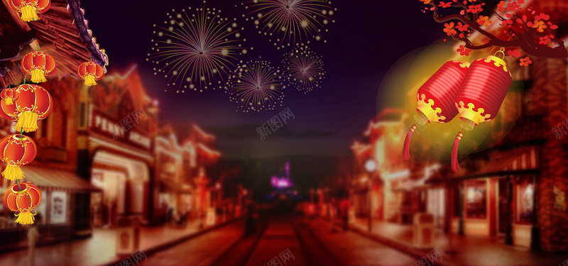红色喜庆新年气氛烟花夜景电商海报背景背景