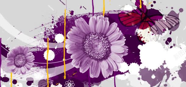紫色花朵背景jpg设计背景_新图网 https://ixintu.com 向日葵 喷溅 插画 紫色背景 红花 美丽 花纹 鲜艳