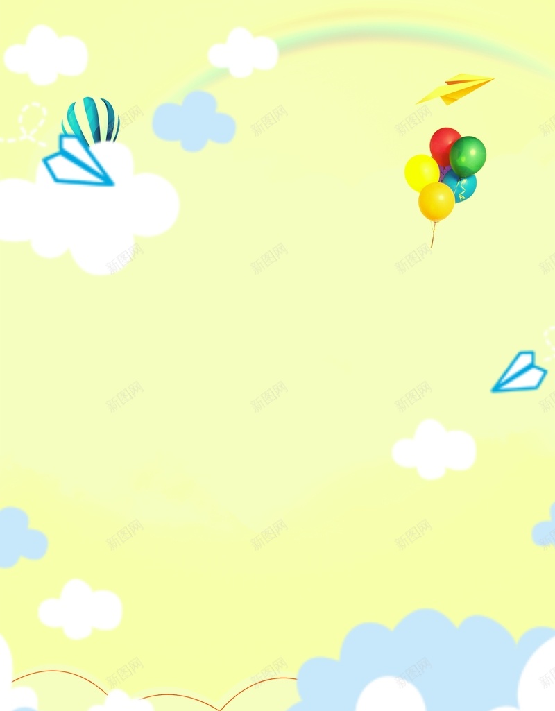 黄底卡通背景jpg设计背景_新图网 https://ixintu.com 云彩 卡通 可爱 幸福 彩虹 气球 白色 童年 童真 纸飞机 蓝色 黄色