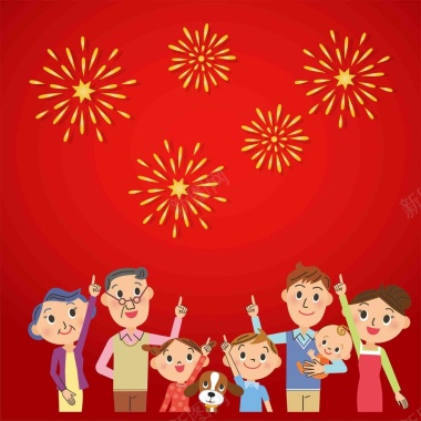矢量手绘春节一家人幸福家庭烟花海报背景背景