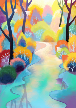 水彩森林河流手绘插画背景