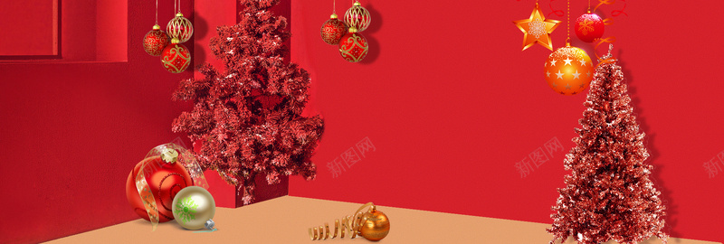 卡通圣诞树简约红色banner背景