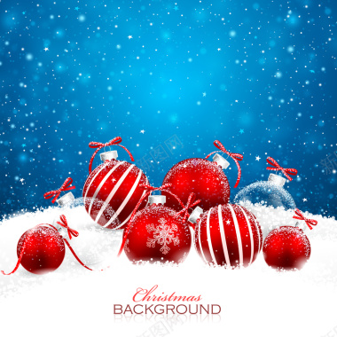 圣诞新年彩球红色玻璃球雪花卡片蓝色背景图矢量图背景