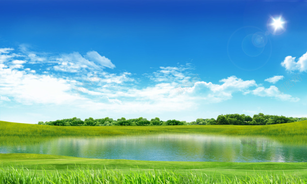 小清新草原湖泊绿色背景背景