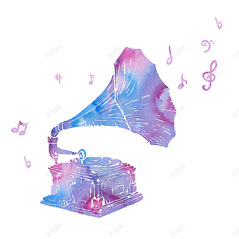 水彩绘留声机矢量ai设计背景_新图网 https://ixintu.com 庆祝 水彩 留声机 矢量图 紫色 音乐 音符