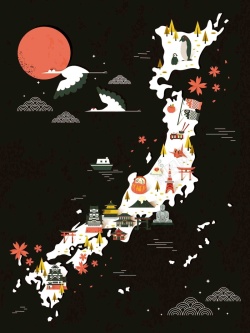 地图排版手绘矢量旅游日本景点樱花地图仙鹤海报高清图片