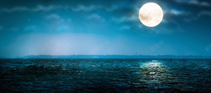 蓝色海浪图标夜景海景月亮风景背景摄影图片