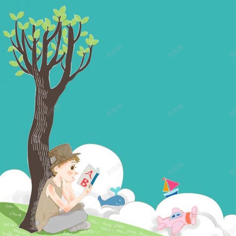 卡通小男孩背景图jpg设计背景_新图网 https://ixintu.com 主图 卡通 小男孩 手绘 树 看书 童趣