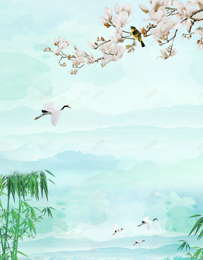 清明节背景图psd设计背景_新图网 https://ixintu.com 仙鹤 小鸟 水墨背景 清明节 玉兰花 绿竹