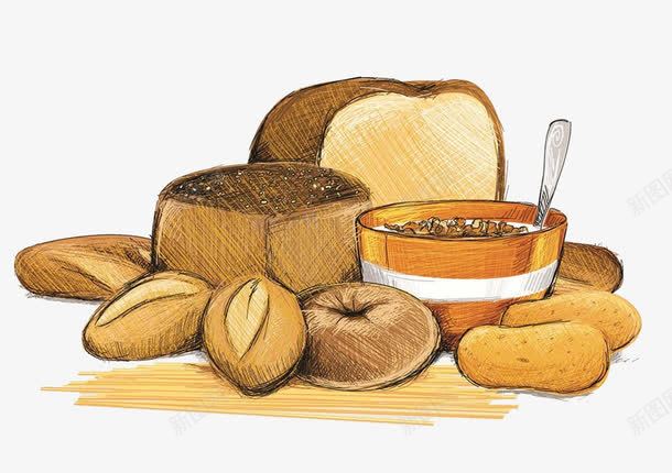 手绘面包和蘸酱png免抠素材_新图网 https://ixintu.com 卡通 西餐 面包