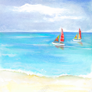 水彩手绘卡通帆船航海海报背景矢量图背景