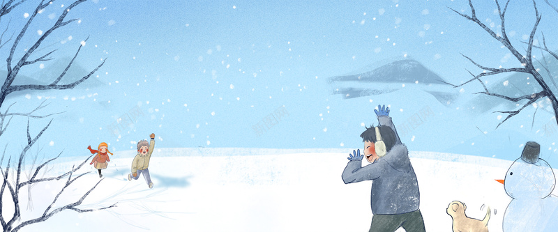 冬季打雪仗卡通手绘蓝色banner背景