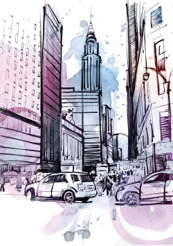 蓝紫色涂鸦矢量水彩涂鸦现代城市建筑背景高清图片