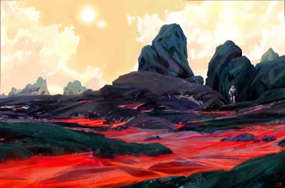 环境渲染彩绘风格天空红色的火山岩背景