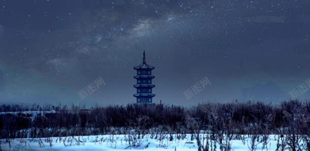 冬季雪夜塔下的树林海报背景背景