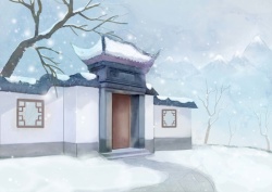 古建筑雪古风场景插画分层高清图片