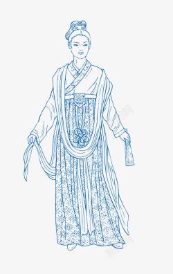 青花瓷线描贵妇人素材