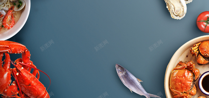 海鲜促销蓝色简约banner背景