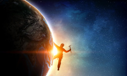 创意瓶子中钓鱼的人宇宙中修理星球的人创意背景高清图片