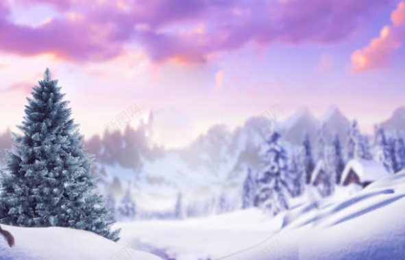 紫色云彩雪山雪树房屋背景
