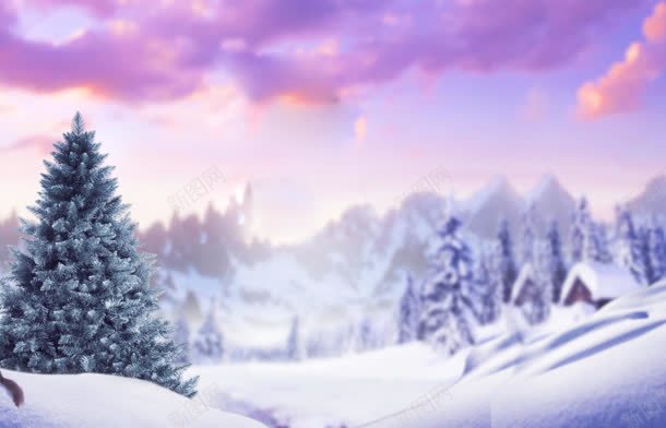 紫色云彩雪山雪树房屋jpg设计背景_新图网 https://ixintu.com 云彩 房屋 紫色 雪山