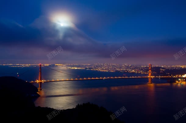 蓝色夜景月亮海面跨海大桥摄影jpg_新图网 https://ixintu.com 夜景 大桥 摄影 月亮 海面 蓝色