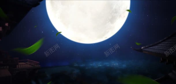 夜晚白色月亮高斯模糊绿叶背景